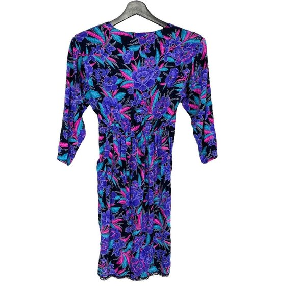 Vintage 90s Jewel Tone Button Up Floral Print Sheath Dress Small - Picture 3 of 12